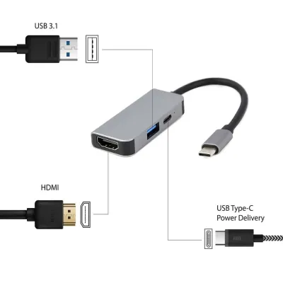 Adaptador – Docking Station Type-C 3IN1 3*USB 1XHDMI Hub e Type-C Power