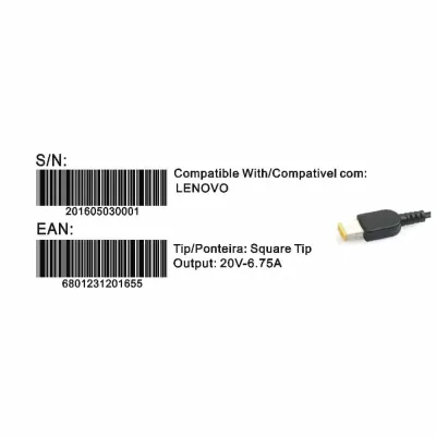 Transformador Compativel 2HIX Lenovo 20V 6.75A Square Tip