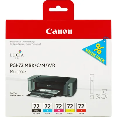 Tinteiro Original Canon PGI72 Pack de 5 Cores – Preto Mate Azul Magenta Amarelo Vermelho 6402B009