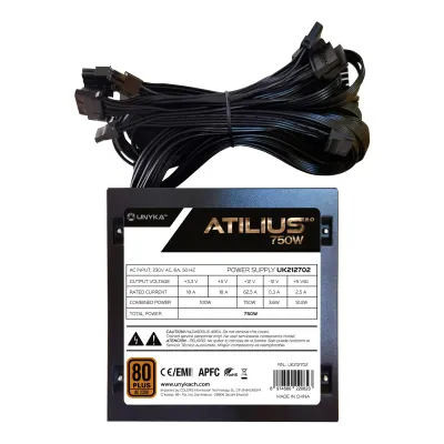Fonte Alimentação Unykach Atilius 2.0 Black 750W 80 Plus Bronze ATX 2.3 APFC – Ventilador 120mm – Bulk