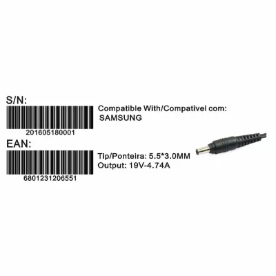 Transformador Compativel 2HIX Samsung 19v 4.74A Tip 5.5*3.0