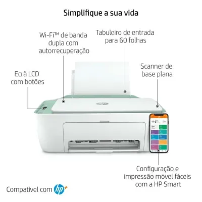 Multifunções Jacto Tinta HP Deskjet 2722e WiFi Fax Movel Branca e Verde