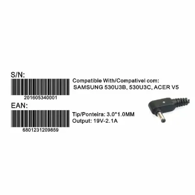 Transformador Compativel 2HIX Samsung 19v 2.1A Tip 3.0*1.0