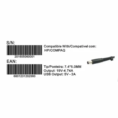 Transformador Compativel 2HIX Hp 19V 4.74A Tip 7.4*5.0 Com USB