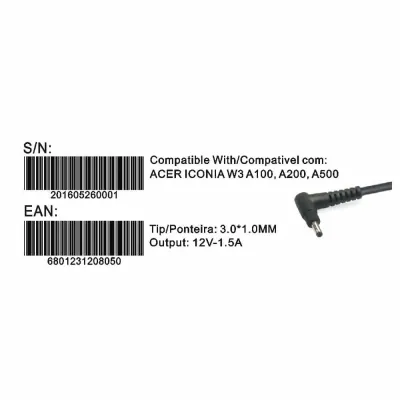 Transformador Compativel 2HIX Acer Iconia A100 12V 1.5A 3.1*1.0