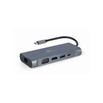 Adaptador – Docking Station Gembird Type-C 7IN1 Hub 3x Usb3.0 4K Hdmi Vga Gigabit Lan Leitor Cartões Audio Type-C PD