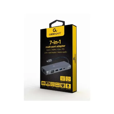Adaptador – Docking Station Gembird Type-C 7IN1 Hub 3x Usb3.0 4K Hdmi Vga Gigabit Lan Leitor Cartões Audio Type-C PD