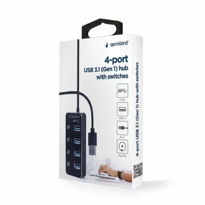 Hub Usb3.0 Gembird com 4 Portas Usb 3.0 Com On/Off Preto