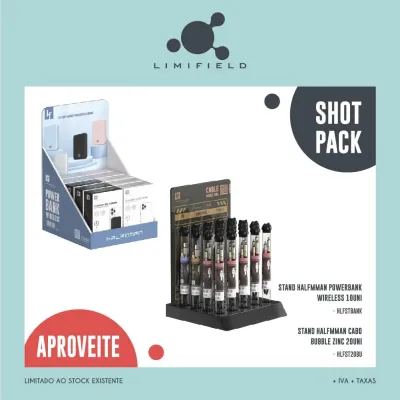 Shot Pack – Stand Halfmman PowerBank Wireless 10Uni + Stand Halfmman Cabo Bubble Zinc 20Uni