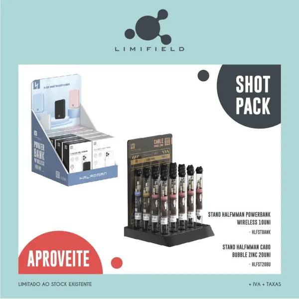 Shot Pack – Stand Halfmman PowerBank Wireless 10Uni + Stand Halfmman Cabo Bubble Zinc 20Uni