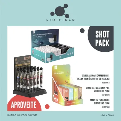 Shot Pack – Stand Halfmman Carregadores 5V 2.1A 49Uni (21 Pretos 28 Brancos) + Stand Halfmman Easy Pick Acessories 20Uni + Stand