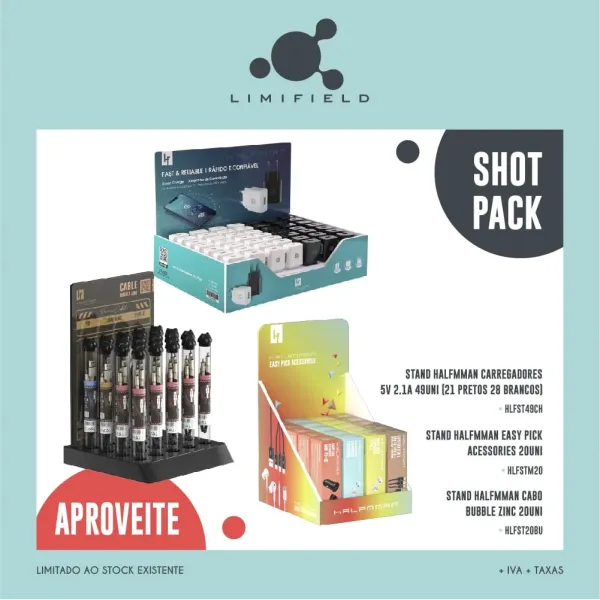 Shot Pack – Stand Halfmman Carregadores 5V 2.1A 49Uni (21 Pretos 28 Brancos) + Stand Halfmman Easy Pick Acessories 20Uni + Stand