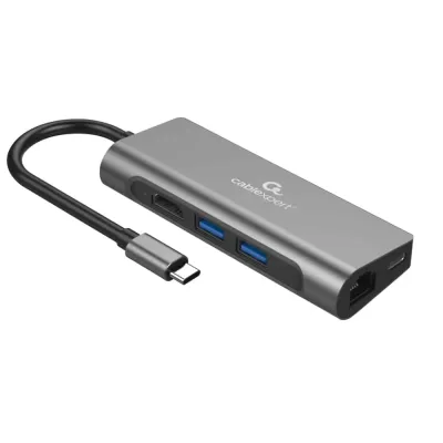 Adaptador – Docking Station Gembird Type-C 5IN1 2*USB HDMI 4K Gigabit Lan Leitor Cartoes e Usb TypeC PD