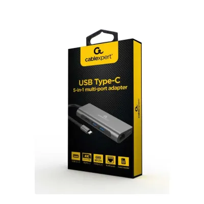 Adaptador – Docking Station Gembird Type-C 5IN1 2*USB HDMI 4K Gigabit Lan Leitor Cartoes e Usb TypeC PD