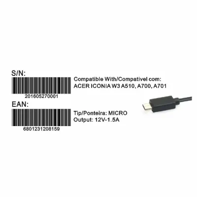 Transformador Compativel 2HIX Acer Iconia A510 12V 1.5A Micro