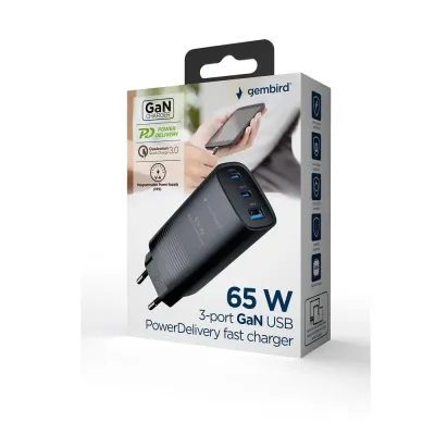 Transformador Gembird 3 Portas 65W 2 x Type-C e 1 x USB Carregamento Rápido