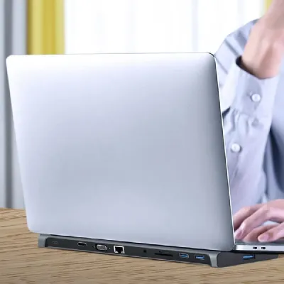Adaptador – Docking Station Type-C 10IN1 HUB3.0 4K Hdmi DP VGA Audio Leitor de Cartões USB Type-C Lan e Audio
