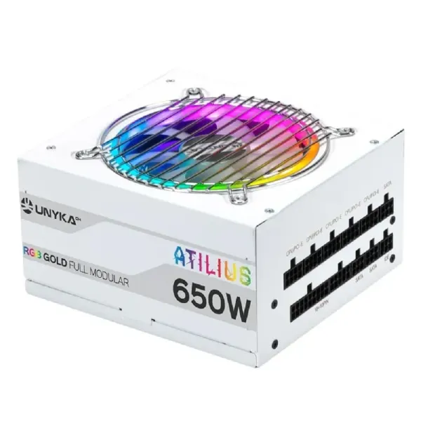 Fonte Alimentação Unyka Atilius RGB 650W Full Modular PFC Ativo Ventilador 120mm Branca