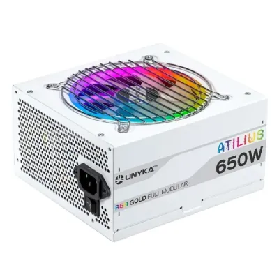 Fonte Alimentação Unyka Atilius RGB 650W Full Modular PFC Ativo Ventilador 120mm Branca