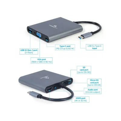 Adaptador – Docking Station Type-C 6IN1 Usb3.1 4k Hdmi VGA Audio Leitor Cartões Usb Type-C