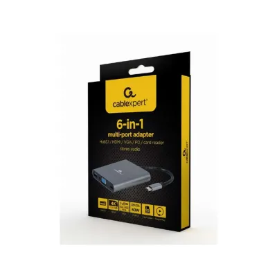 Adaptador – Docking Station Type-C 6IN1 Usb3.1 4k Hdmi VGA Audio Leitor Cartões Usb Type-C