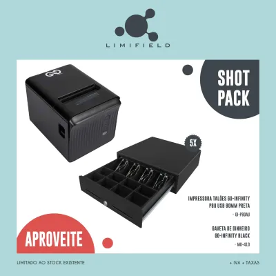 Shot Pack – Impressora Talões Go-Infinity P80 Usb 80MM Preta + 5 * Gaveta De Dinheiro Go-Infinity MK-410