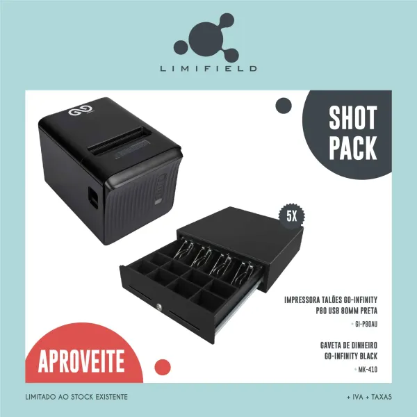 Shot Pack – Impressora Talões Go-Infinity P80 Usb 80MM Preta + 5 * Gaveta De Dinheiro Go-Infinity MK-410