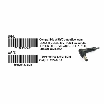 Transformador Compativel 2HIX Toshiba 19v 6.3A Tip 5.5*2.5
