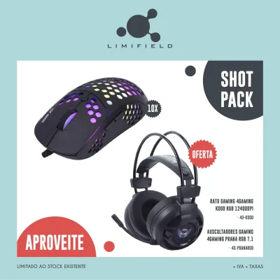 Shot Pack – 10 * Rato Gaming 4GAMING Kood RGB 12400dpi + Oferta Auscultadores Gaming 4GAMING Prana RGB 7.1