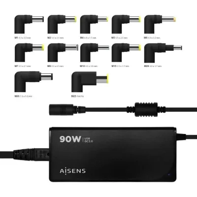 Transformador Universal Aisens ASLC-90WAUTO-BK 90W Automático 12 Conectores Output 15-20V 1*USB QC3.0
