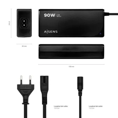 Transformador Universal Aisens ASLC-90WAUTO-BK 90W Automático 12 Conectores Output 15-20V 1*USB QC3.0