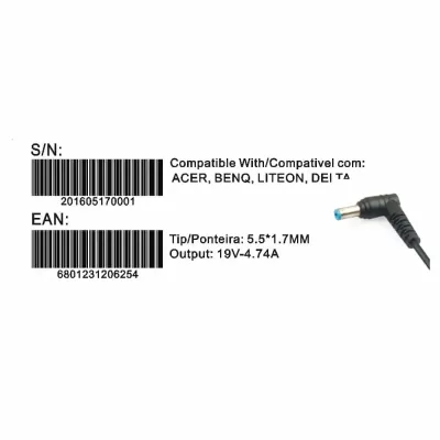 Transformador Compativel 2HIX Acer 19v 4.74A Tip 5.5*1.7