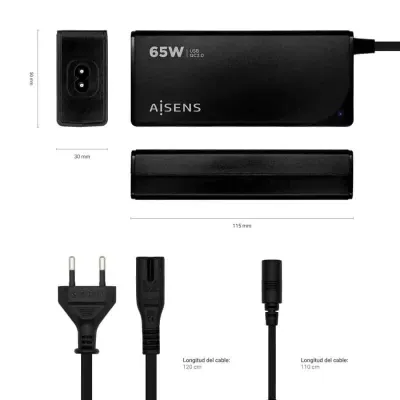 Transformador Universal Aisens ASLC-65WAUTO-BK 65W Automático 9 Conectores Output Voltagem 18.5-20V 1*USB QC3.0
