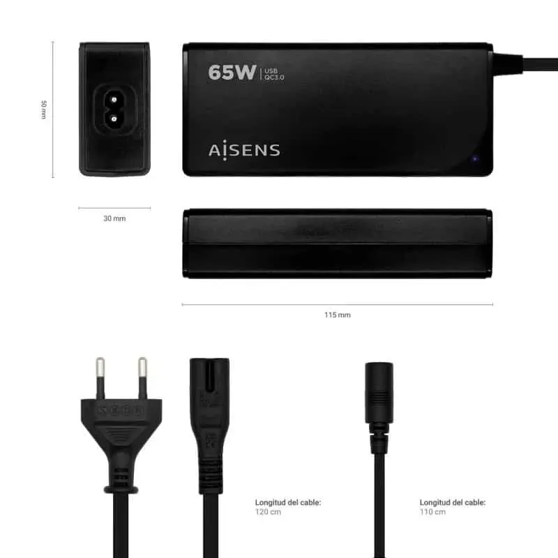 Transformador Universal Aisens ASLC-65WAUTO-BK 65W Automático 9 Conectores Output Voltagem 18.5-20V 1*USB QC3.0