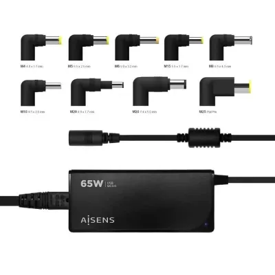 Transformador Universal Aisens ASLC-65WAUTO-BK 65W Automático 9 Conectores Output Voltagem 18.5-20V 1*USB QC3.0