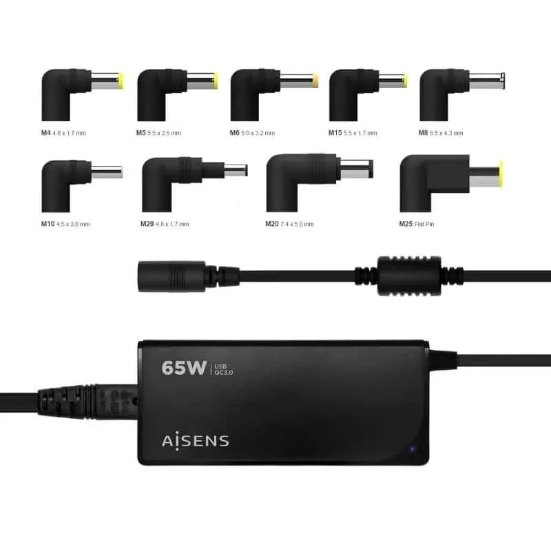Transformador Universal Aisens ASLC-65WAUTO-BK 65W Automático 9 Conectores Output Voltagem 18.5-20V 1*USB QC3.0